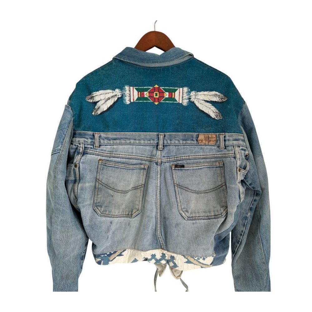 Vtg Y2K Denim Patchwork Jacket Tribal Boho Streetwear Feather Embroidery